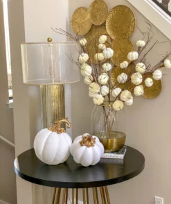 Inspire Me! Home Decor White Velvet Decorative Pumpkin With Gold Stem